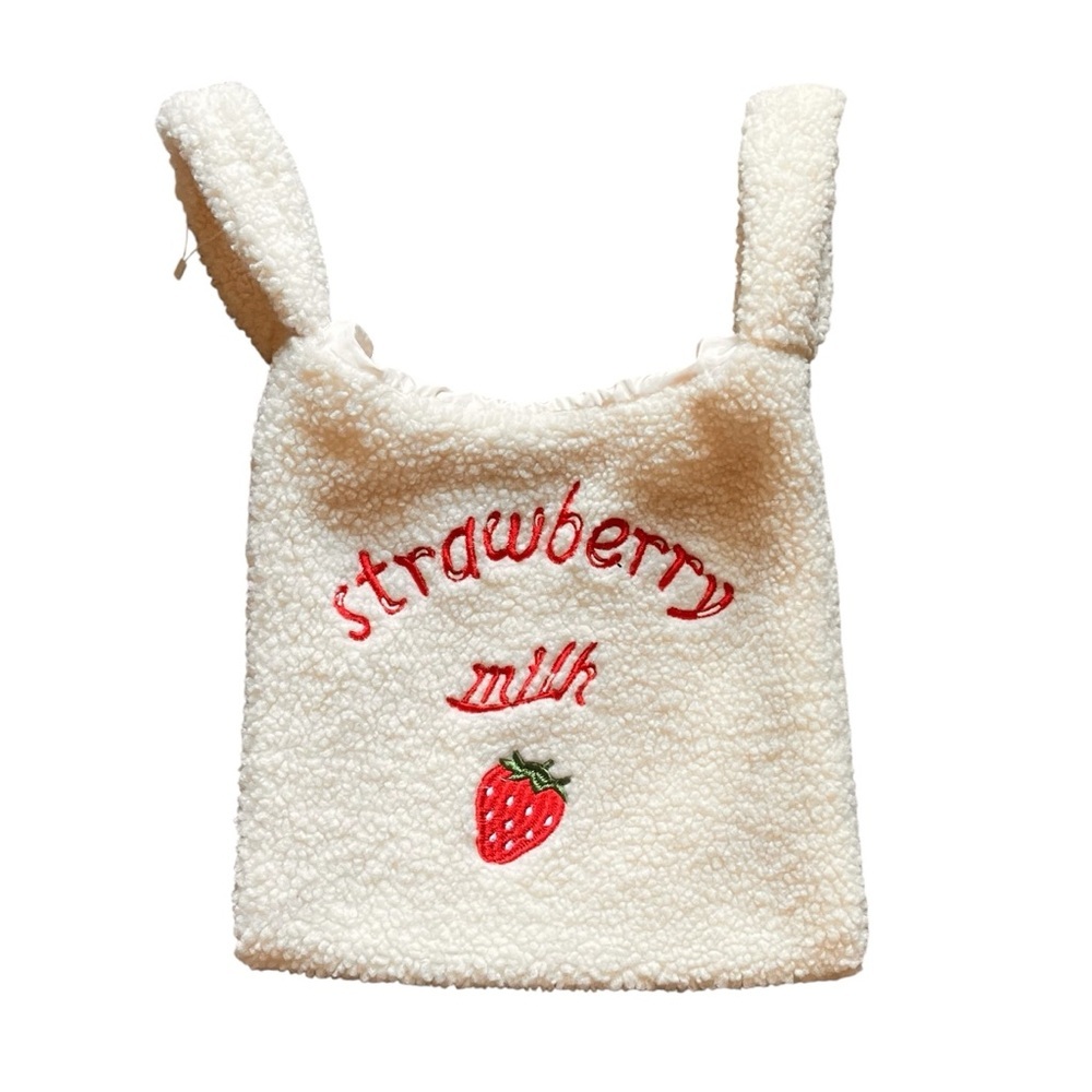 New‎ Strawberry Milk Sherpa Fleece Mini Tote Bag Cream Embroidered Coquette